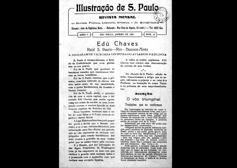 Matéria sobre o "raid" feito por Edu Chaves de São Paulo-Rio_Buenos Aires. Reprodução/Revista Illustração São Paulo de 1921