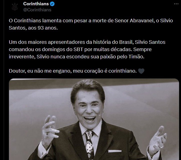 Trecho da nota de pesar do Corinthians em homenagem a Silvio Santos - (Reprodução/X)