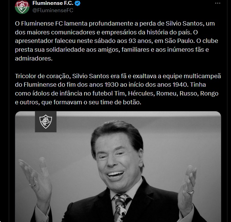 Trecho da nota de pesar do Fluminense, em homenagem a Silvio Santos - (Reprodução/X)