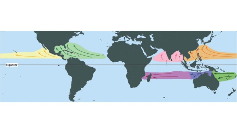 Bacias globais de formação de ciclones tropicais. / Foto: Reprodução/NOAA