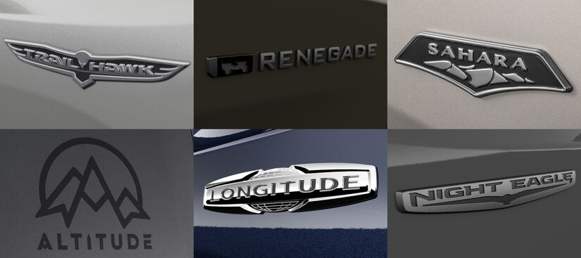 logos das versões Trailhawk, Willys, Sahara, Altitude, Longitude e Night Eagle/Divulgação