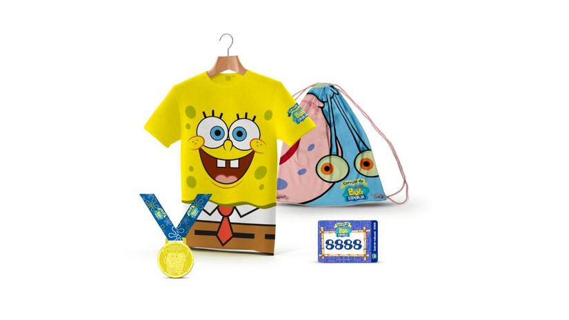 Kit Bob Esponja - R$ 169,90 + taxa: camiseta Bob Esponja, sacochila do garry, número de peito e medalha. Foto: Divulgação