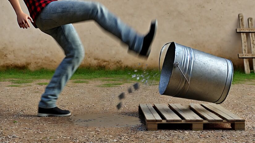 "Chutar o balde" é a frase que nós, brasileiros, adoramos usar quando abandonamos algum projeto, trabalho ou tarefa.  Foto: Imagem gerada por IA com ChatGPT