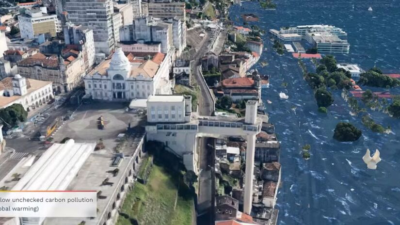 Elevador Lacerda, em Salvador, com seus arredores cobertos pelo mar devido ao aumento da temperatura - (Reprodução/Climate Central)