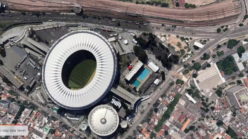 Visão do Estádio do Maracanã e seus arredores, no Rio de Janeiro, nos dias atuais - (Reprodução/Climate Central)