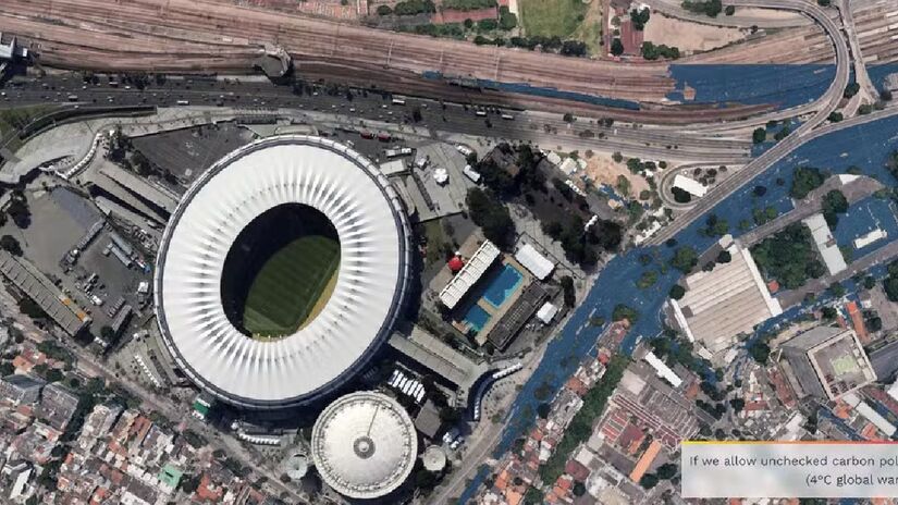 Visão do Estádio do Maracanã e seus arredores, no Rio de Janeiro, com o mar cobrindo boa parte do bairro, devido o avanço da temperatura - (Reprodução/Climate Central)