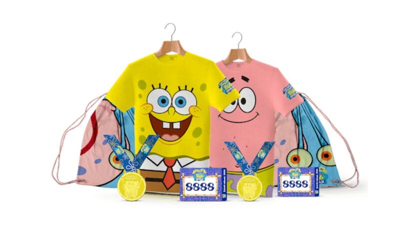 Kit Melhores Amigos - camiseta Patrick Estrela, camiseta Bob Esponja, 2 sacochilas do garry, 2 número de peito e medalhas.* Foto: Divulgação