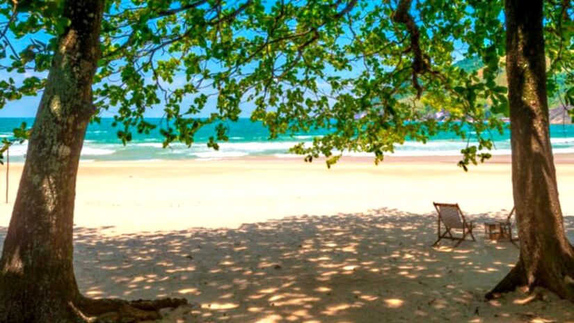 No local, é possível visitar o mirante que oferece um belo visual da área e também uma pequena queda d'água boa para banho. A faixa de areia tem cerca de 800 metros ao lado de um estuário de rio, com boas ondas para surfar - (Divulgação/Ilhabela)