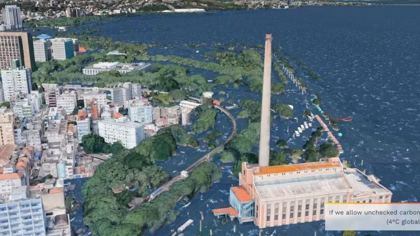 Usina do Gasômetro, Porto Alegre, duramente afetada com o avanço do mar, segundo a projeção - (Reprodução/Climate Central)