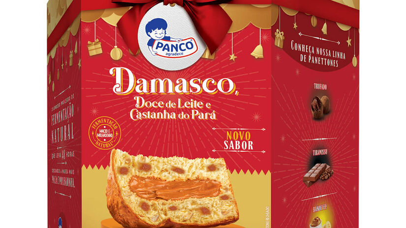 Panettone Panco sabor damasco, doce de leite e castanha-do-pará, em embalagem de 550g para presentear, a partir de R$ 34, nos supermercados - Foto: Divulgação