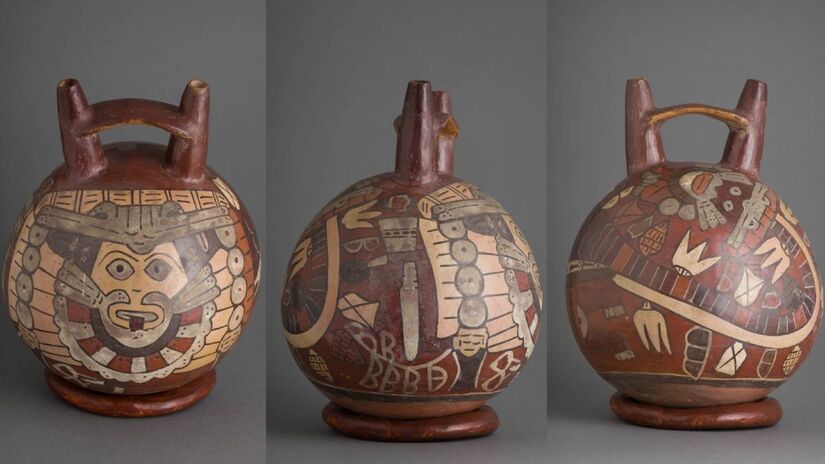 Vaso de cerâmica da cultura Nasca (100 a.C  650 d.C) com representação de ser mítico antropomorfo, da 'Coleção Ema Klabin'. Foto: Massapê Audiovisual/Sergio Zacch