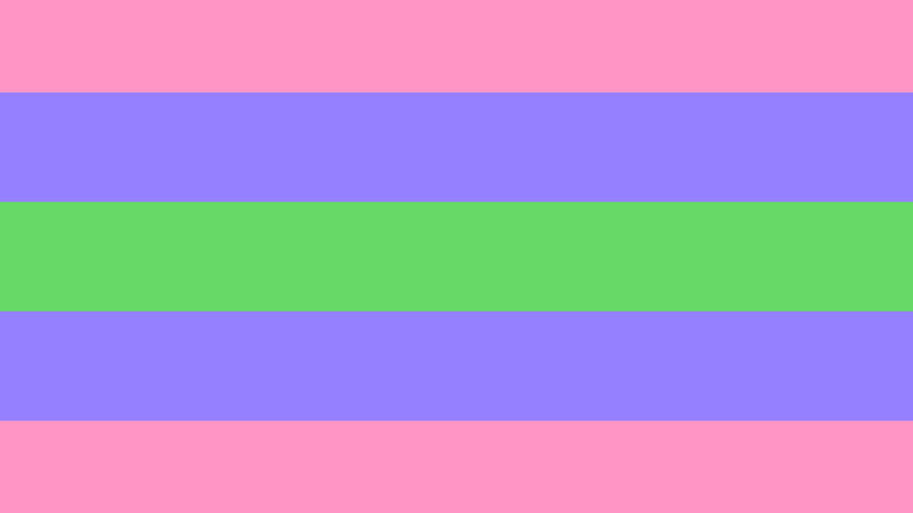 A bandeira trigênero mais conhecida tem cinco faixas: rosa, azul e verde, representando o feminino, masculino e gêneros não-binários. Foto: Wikimedia Commons