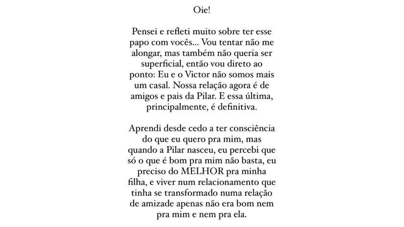 O anúncio da separação aconteceu na tarde desta quarta-feira (29/1). Foto: Reprodução/Instagram