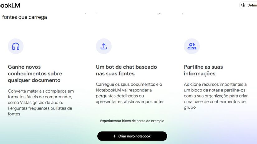 Abra o site do Notebook LM e clique em "criar novo notebook"