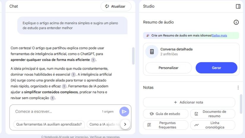 Depois, clique em "gerar áudio" (no canto direito da tela)