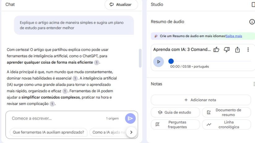 Em seguida, o Notebook LM vai gerar um podcast personalizado para que você possa utilizar. Foto: Reprodução/Arquivo Pessoal
