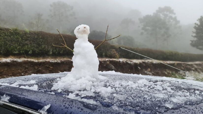 Boneco de neve feito em São Joaquim, no interior de Santa Catarina /Mycchel Legnaghi/São Joaquim Online
