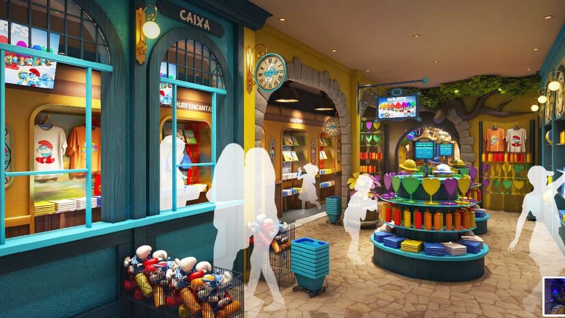 Visitantes iniciam sua jornada no "Expresso Smurfencantado", que os transportará do mundo real para a vila dos Smurfs.