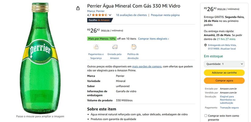 Com um design único, a água mineral Perrier com gás traz uma elegância no consumo. 

