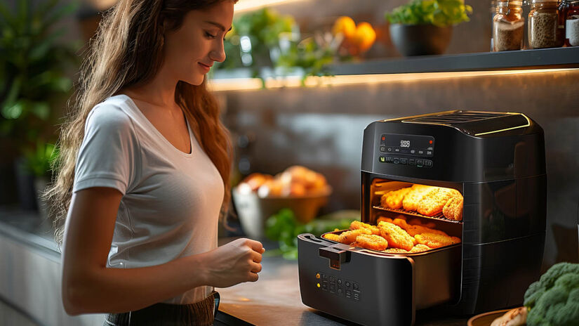 Tudo isso com maior capacidade interna, o que facilita o preparo de porções maiores, algo que a airfryer nem sempre atende bem. (Imagem ilustrativa, gerada por IA)