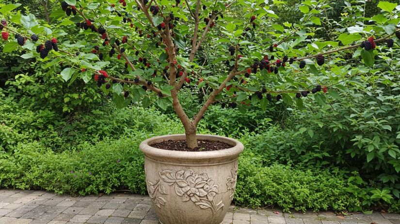 A amoreira-preta, especialmente nas versões anãs, é uma ótima escolha para quem quer cultivar frutas em vasos (Fotos: Geradas por IA)