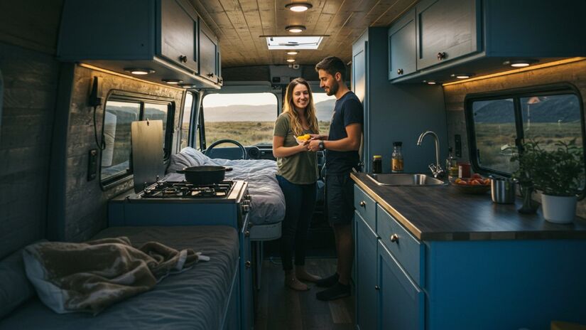 A van tem fogão, cama, pia e armários, mas não banheiro (Fotos: imagens geradas por IA)