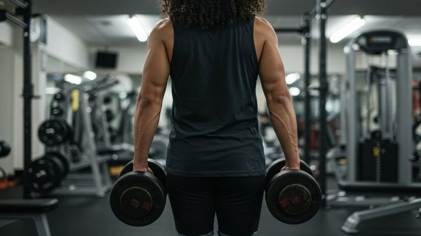 O exercício consiste em andar carregando dois pesos, um de cada lado do corpo