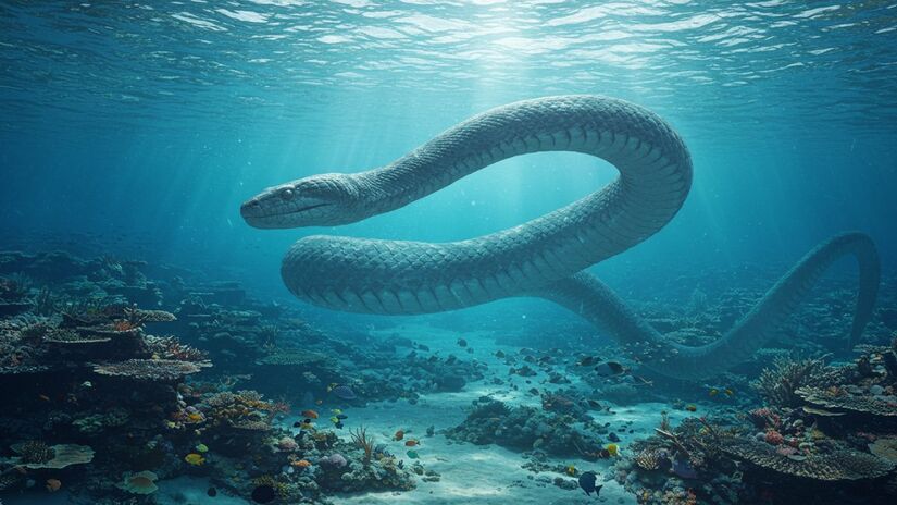 Apesar do tamanho, a Titanoboa conseguia se mover com agilidade em riachos e áreas alagadas (Fotos: Geradas por IA)