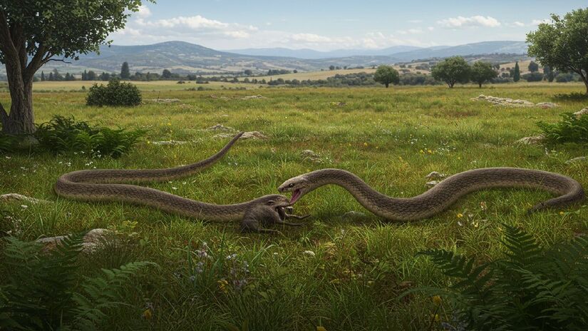 A Laophis crotaloides vivia onde hoje é a Grécia, e foi a maior víbora a rastejar no planeta Terra. Imagem gerada por inteligência artificial.