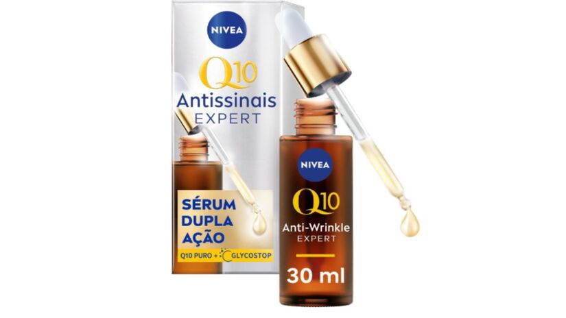 Q10 sérum dupla ação (Nivea): bloqueando a glicação (processo químico que prejudica a formação celular, contribuindo para o envelhecimento da pele), o produto foi criado para proteger o colágeno da pele, prevenindo o surgimento de rugas.
Também reduz linhas de expressão devido à sua fórmula com coenzima Q10 pura como ativo. O produto custa em média R$ 84,00.