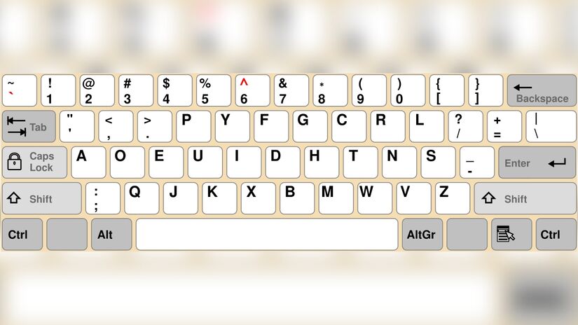 Outra alternativo ao QWERTY é o teclado Dvorak. A disposição das teclas do layout Dvorak organiza as teclas buscando maximizar o uso das teclas mais frequentemente usadas - (KB USA Dvorak text.svg/Wikimedia Commons)