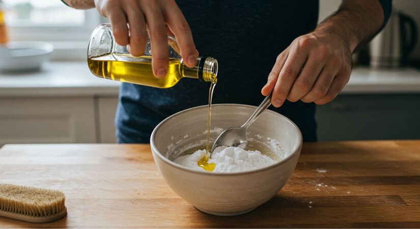 A combinação de azeite de oliva com bicarbonato de sódio cria um esfoliante natural que limpa, hidrata e ajuda no combate à acne.