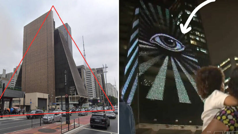 7 - A projeção da imagem de um olho, que, segundo o site, pode ser interpretado como o símbolo iluminati "o olho que tudo vê". A projeção faz parte das várias imagens que são exibidas no prédio com frequência. (Fotos: Reprodução/Google Street View)