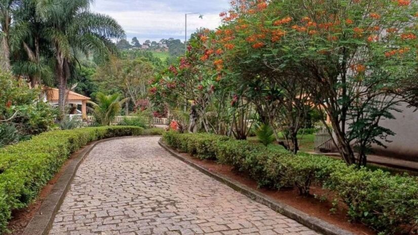 Sítio está envolto por uma vegetação com árvores frutíferas, flores e área gramada.