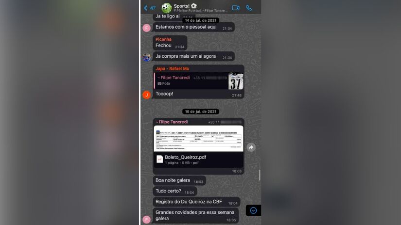 Durante as conversas eram compartilhadas informações de transações envolvendo o jogador Du Queiroz | Reprodução/Lance