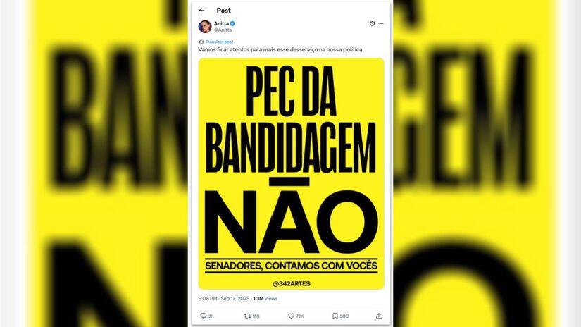 Anitta se posicionou em suas redes e solicitou apoio ao Senado |Reprodução/X