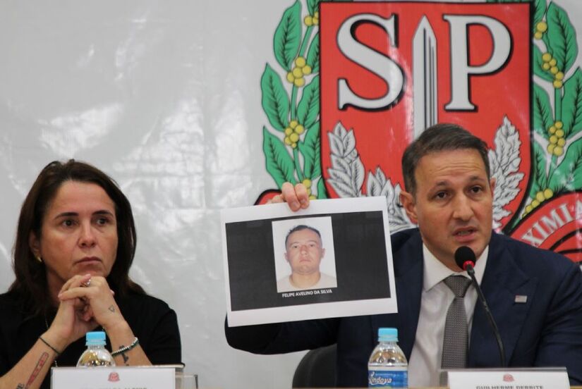 Diretora do DHPP, Ivalda Aleixo, e o secretário de Segurança Pública de São Paulo, Guilherme Derrite