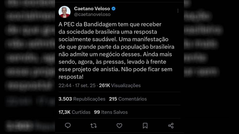 Caetano Veloso demonstrou sua indignação e pediu apoio aos protestos |Reprodução/X