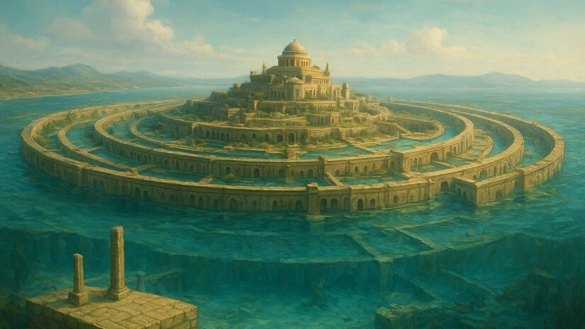 Platão descreve Atlântida como uma ilha em forma de anéis concêntricos, com uma capital no centro dedicada a Poseidon, deus dos mares (Foto: gerada por IA)