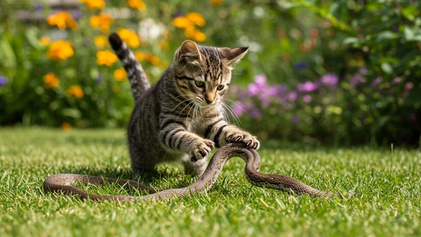 A agilidade felina não se limita a cobras. Gatos também enfrentam escorpiões com a mesma destreza, evitando ferrões venenosos e desorientando os aracnídeos com ataques rápidos. Fotos: Reprodução IA