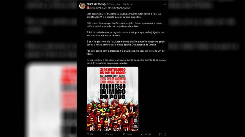 Erika Hilton convocou sua base para ir aos protestos em São Paulo |Reprodução/X