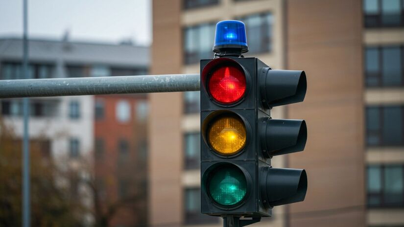 Luz azul em cima do semáforo ajuda trabalhadores e motoristas a organizar o trânsito (Fotos: Imagens geradas por IA)