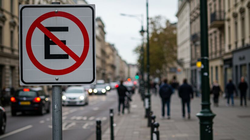 A placa com uma faixa vermelha indica que é proibido estacionar, mas o motorista pode encostar por um momento para embarque e desembarque