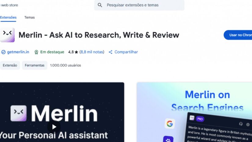 A extensão Merlin permite usar IA (como ChatGPT e Gemini) em qualquer página da web. Basta selecionar um texto e usar um atalho para receber análises, resumos ou criar conteúdo. Com planos gratuitos e pagos, é uma ferramenta útil para profissionais que precisam escrever e-mails, gerar ideias ou otimizar tarefas de forma rápida e sem mudar de aba. Fotos: Reprodução/Google
