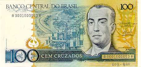 Cruzado (Cz$): Em vigor entre 1986 e 1989, também com novo desenho e corte de zeros - imagem: Banco Central do Brasil