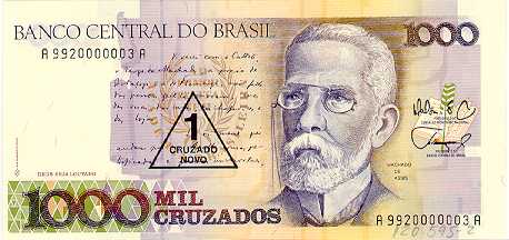 Cruzado Novo (NCz$): Teve circulação entre 1989 e 1990, como mais uma tentativa de combate à inflação - imagem: Banco Central do Brasil