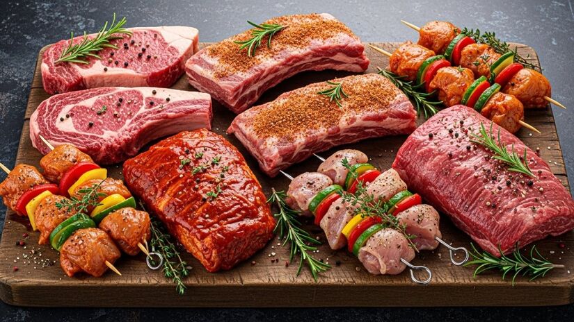 2) Opte por cortes frescos e de boa qualidade, como picanha, bife ancho e fraldinha. Para garantir a suculência, o corte deve ser feito pouco antes do consumo. 