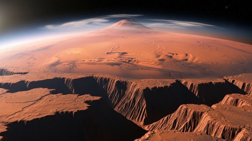 Existe uma curiosa semelhança entre Marte e a Terra: o eixo de rotação. O eixo marciano é inclinado 25 graus em relação ao plano de sua órbita ao redor do Sol. Igualmente, a Terra tem uma inclinação axial de 23,4 graus. Fotos: imagens geradas por IA