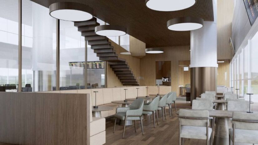 Projeto arquitetônico utiliza madeira em paredes e forros para melhorar o conforto acústico, além de fachada envidraçada que garante iluminação natural - Divulgação/BRT Lounges