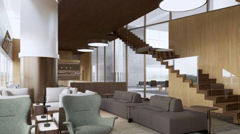 Áreas internas foram organizadas para facilitar o deslocamento entre as zonas de alimentação, descanso e trabalho, com controle de temperatura e iluminação difusa - Divulgação/BRT Lounges